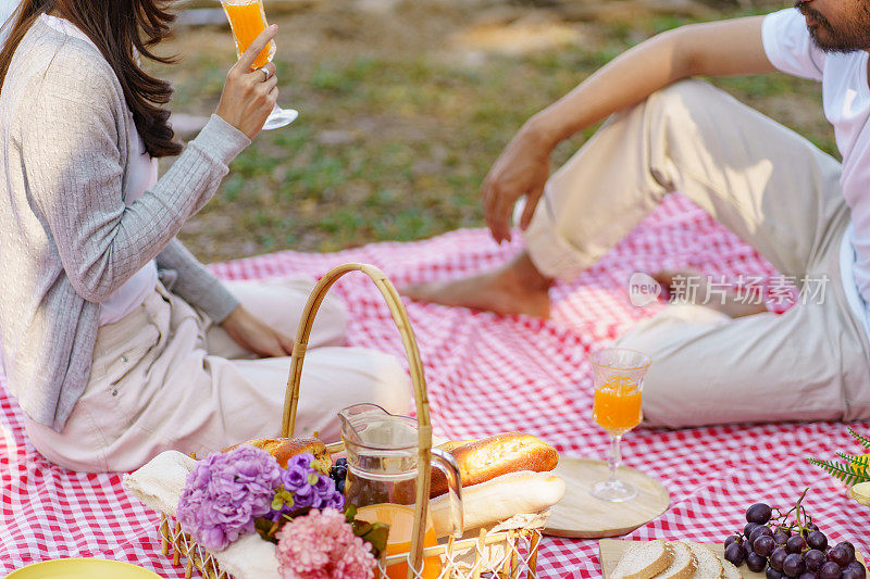 In love asian couple enjoying picnic time in park outdoors Picnic. happy couple relaxing together with picnic Basket